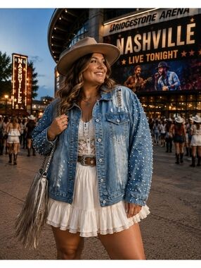 Live a Little Pearl Embellished Distressed Denim Jacket NWT XL 100% Cotton